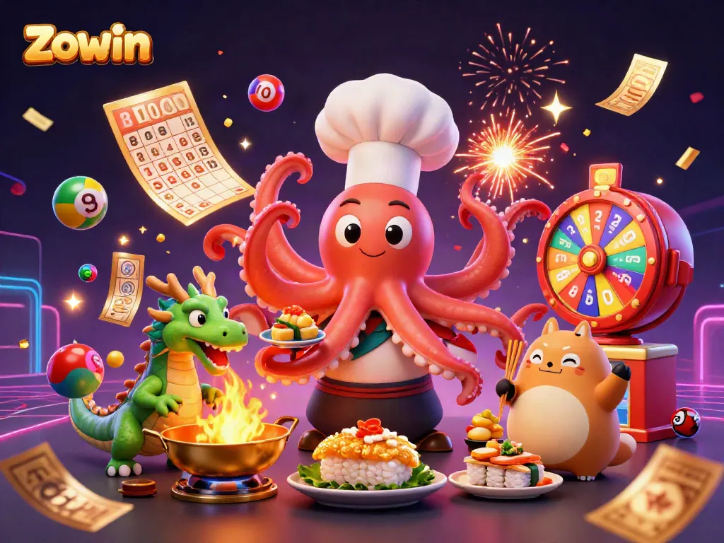 Zowin game illustration featuring an octopus chef, dragon, and tanuki among lottery elements