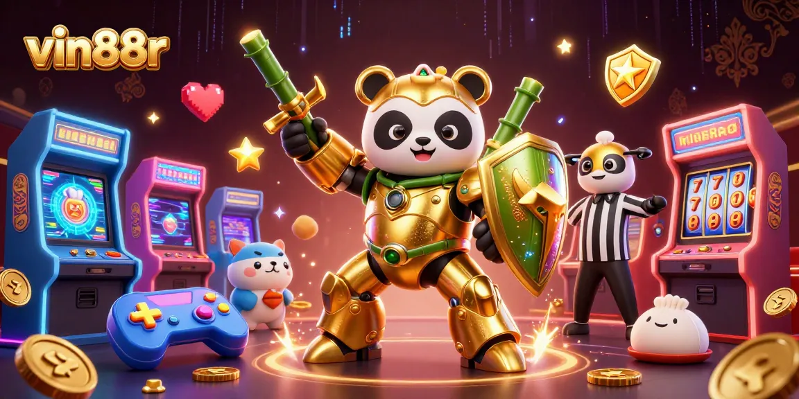 Engage with vin88r for an exhilarating casino experience featuring a golden panda in a vibrant arena.
