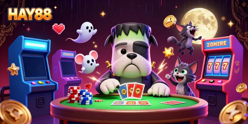 Experience thrilling gaming action at HAY88 with a unique 3D cartoon casino scene featuring vibrant characters.