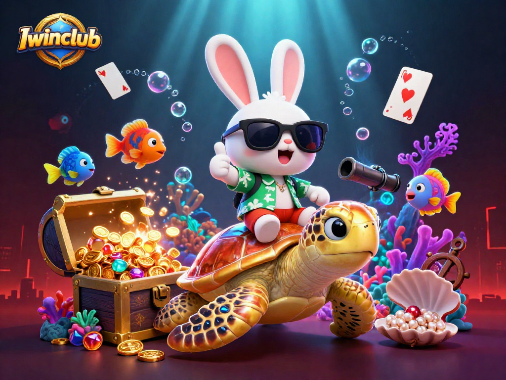 Iwinclub players enjoy vibrant casino action with a lucky rabbit and golden turtle in a colorful underwater scene.