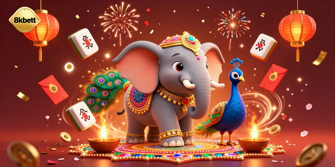 Experience thrilling gaming moments with 8xbett's colorful Diwali-themed illustration, featuring rich decorations and exciting elements.