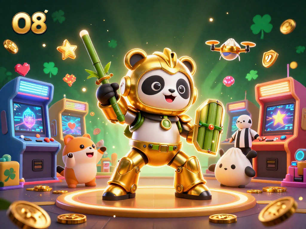 Experience the excitement of O8 with a golden panda piloting a robot in a vibrant casino arena.