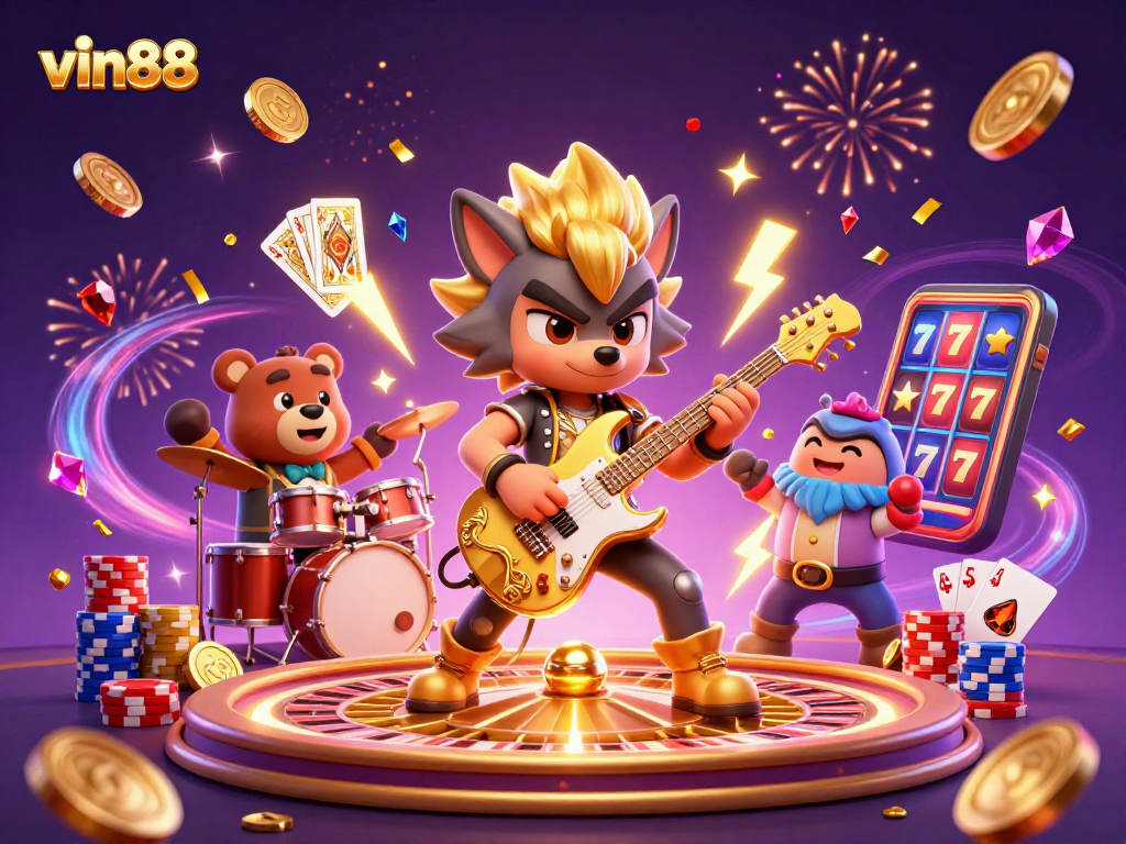 Experience the thrill of vin88 with a vibrant casino scene featuring dynamic characters and exciting elements.