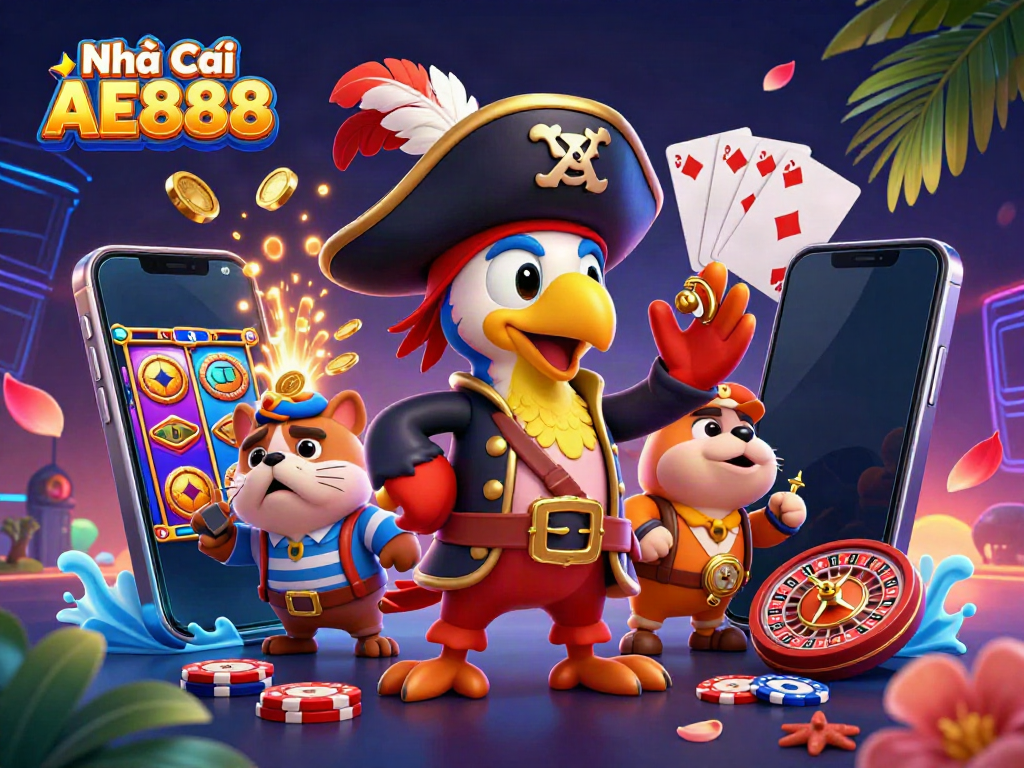 Engage in thrilling action at Nhà Cái AE888 with a colorful gambling scene featuring a pirate captain and symbols of chance.