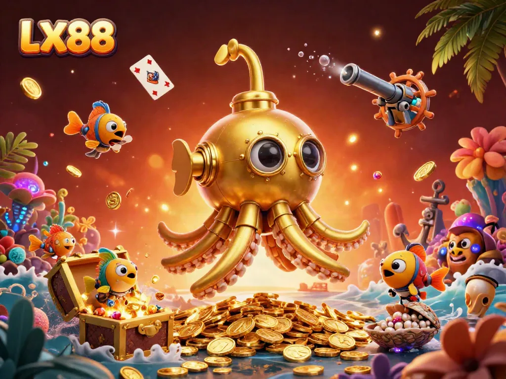 Experience the thrill of LX88 with a golden kraken submarine and treasure-themed casino illustration.