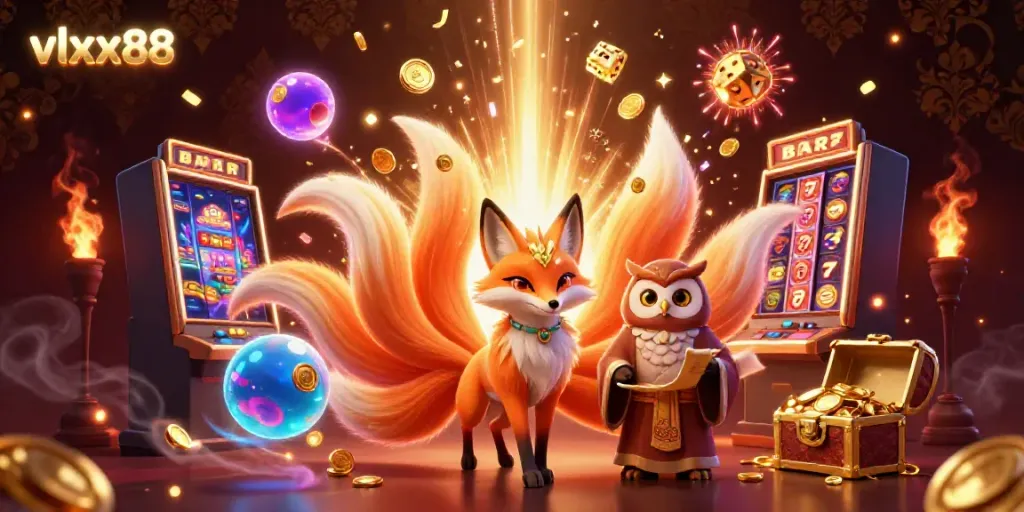 Experience the excitement of vlxx88 as a colorful, animated nine-tailed fox spirit interacts with casino elements in this vibrant 3D illustration.