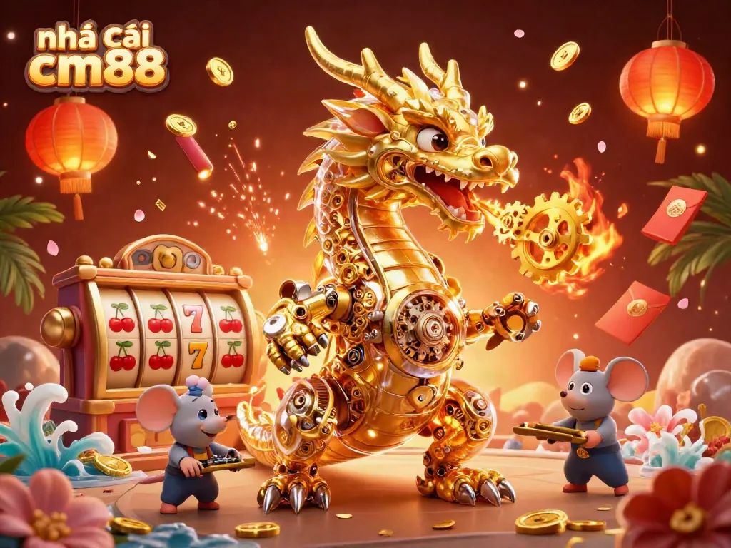 Engage with nhà cái cm88 through captivating 3D casino adventure featuring golden dragon, slot reels, and vibrant game elements.