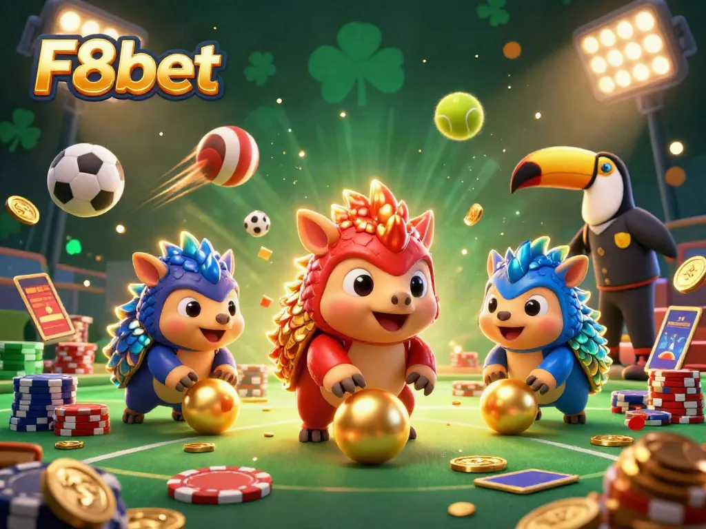 Experience thrilling action with F8bet as colorful pangolins roll into golden balls amidst vibrant poker chips.