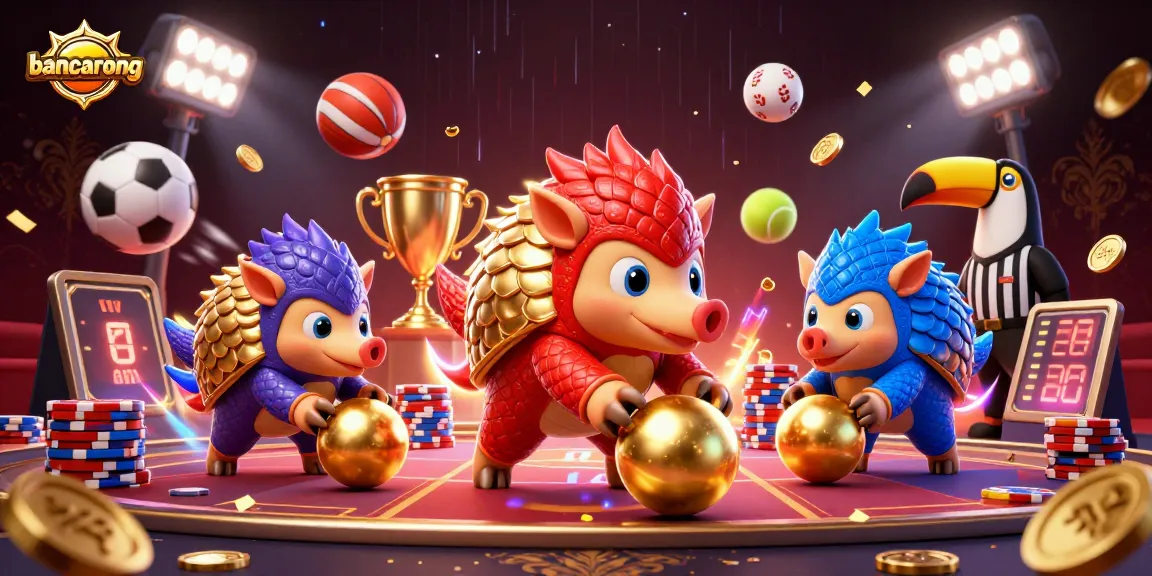 Engage with the dynamic action of bancarong as cartoon pangolins compete in a thrilling casino scene.