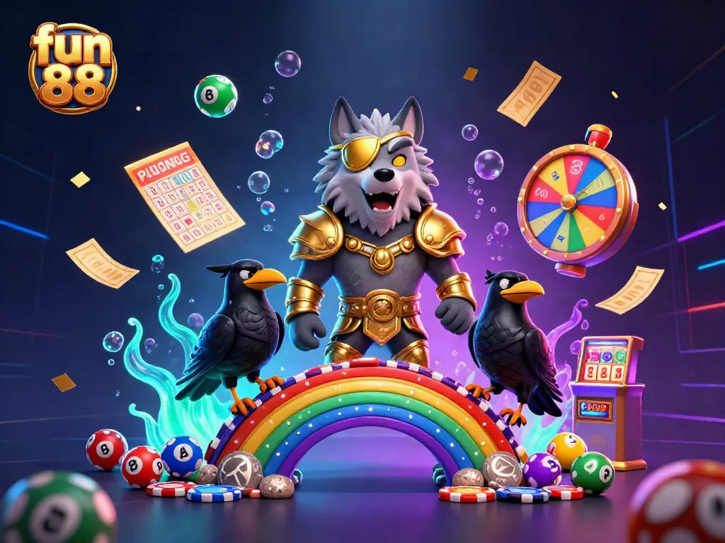 Join the fun 88 adventure with captivating characters amid vibrant lottery elements and casino excitement.
