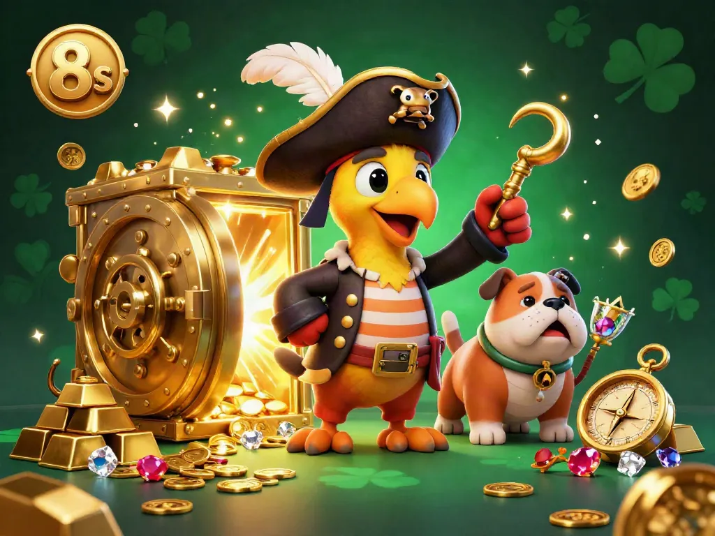 Experience thrilling 8s casino adventures with a pirate captain and treasure galore in this vibrant image.