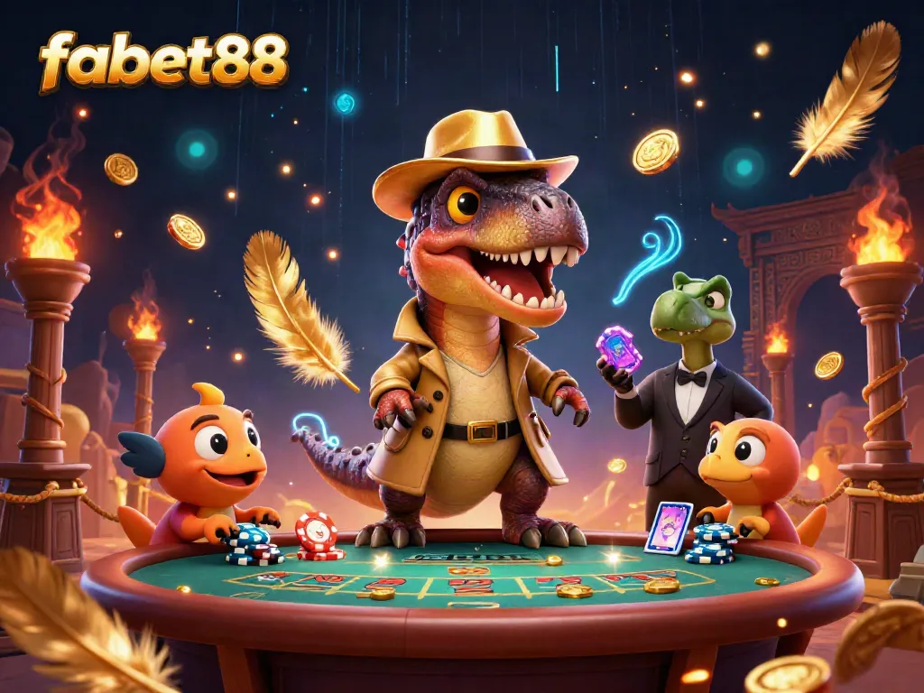 Experience fabet88's thrilling casino atmosphere with cartoon characters showcasing intrigue at the blackjack table.