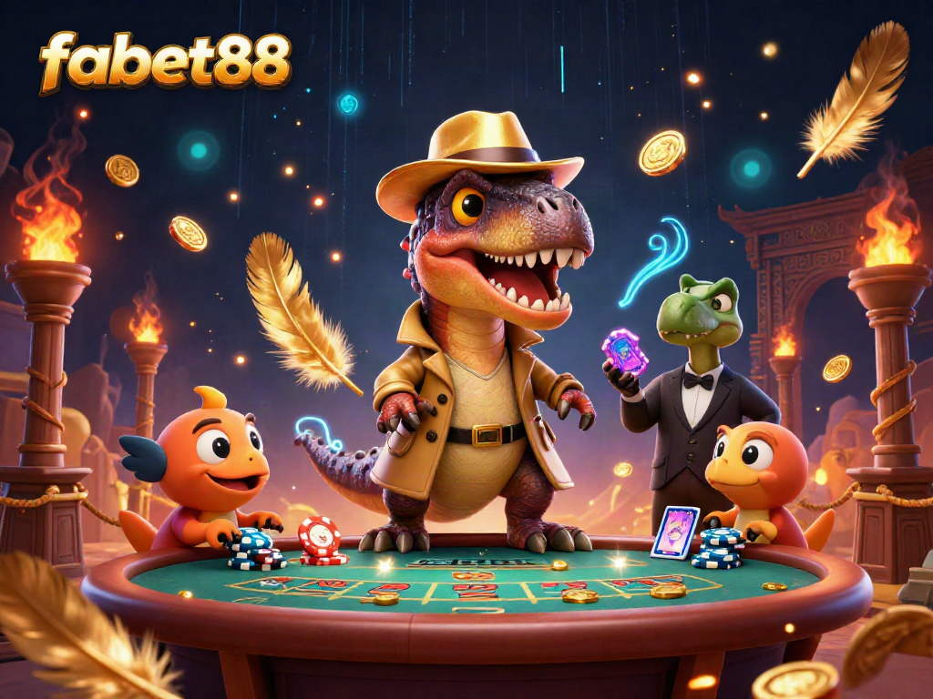 Experience fabet88's thrilling casino atmosphere with cartoon characters showcasing intrigue at the blackjack table.