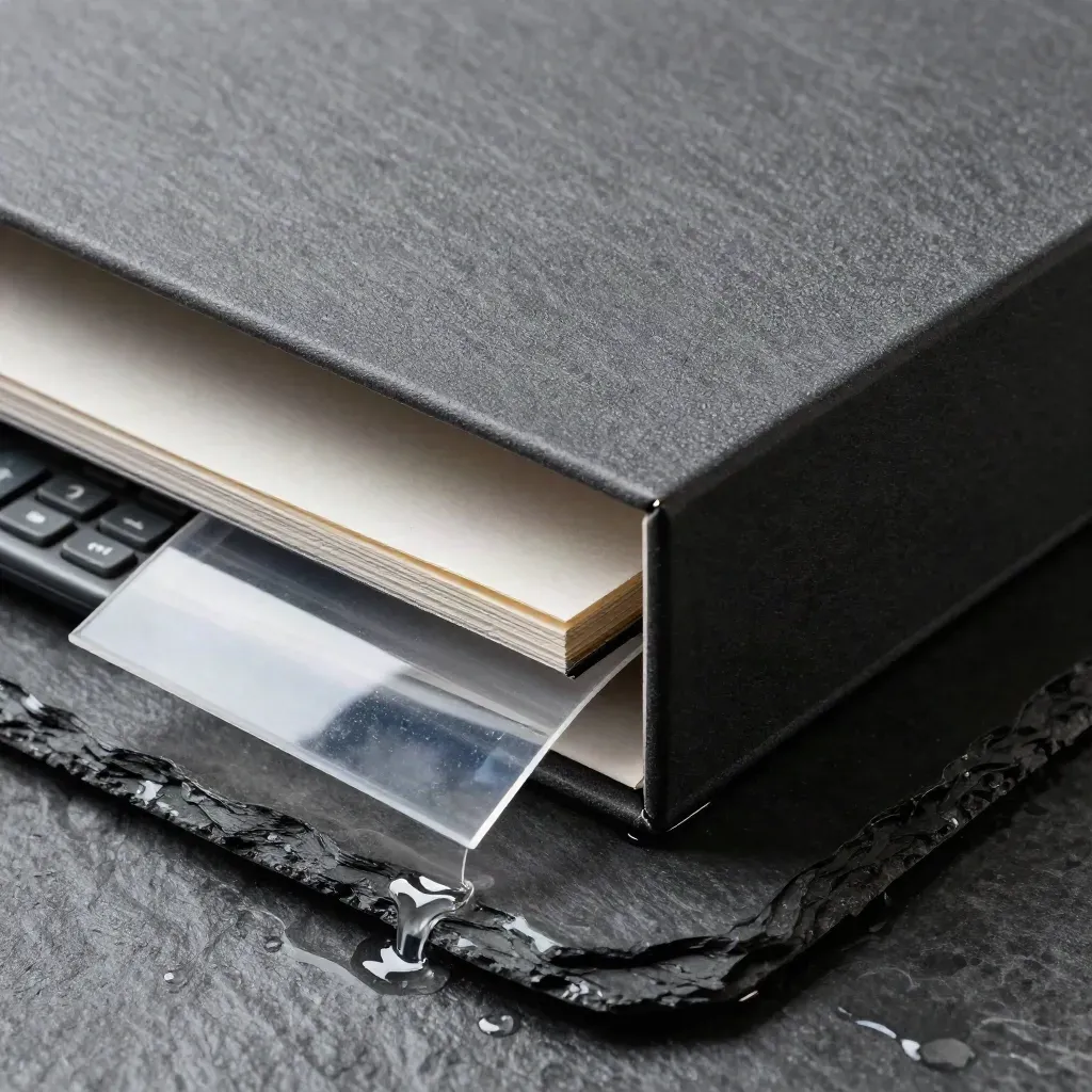 Macro of an emissions report kit on wet slate with calculator and acetate divider.