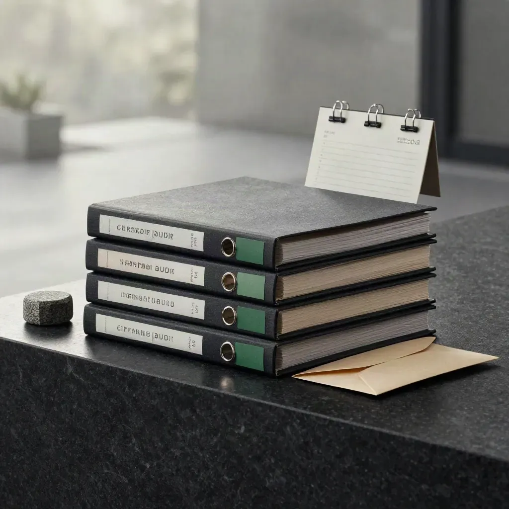 Low dramatic hero of carbon audit folders, sample envelope and paperweight on a dark stone plinth.
