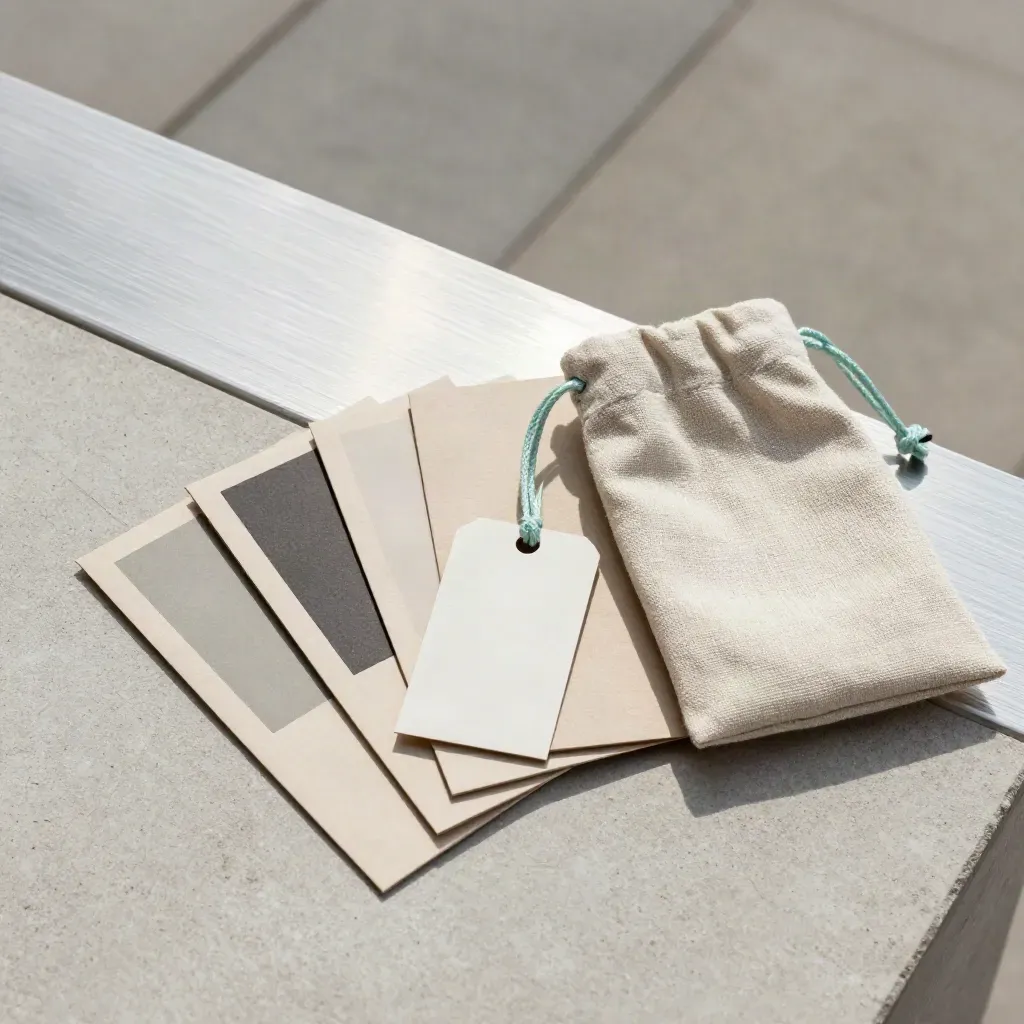 Overhead flatlay of a supplier plan folder, sample cards, paper tag and linen pouch on pale concrete.