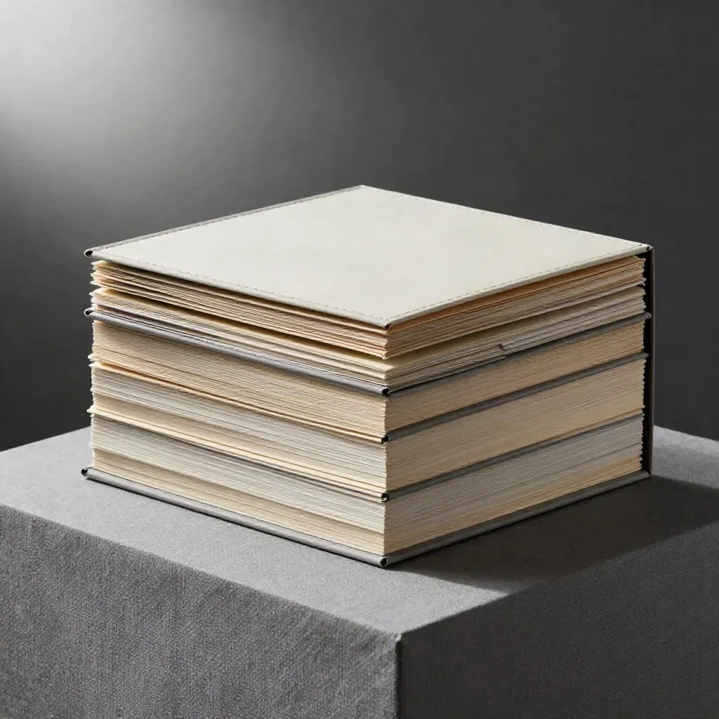 Upright carbon audit binder stack with tabbed inserts on a soft studio plinth