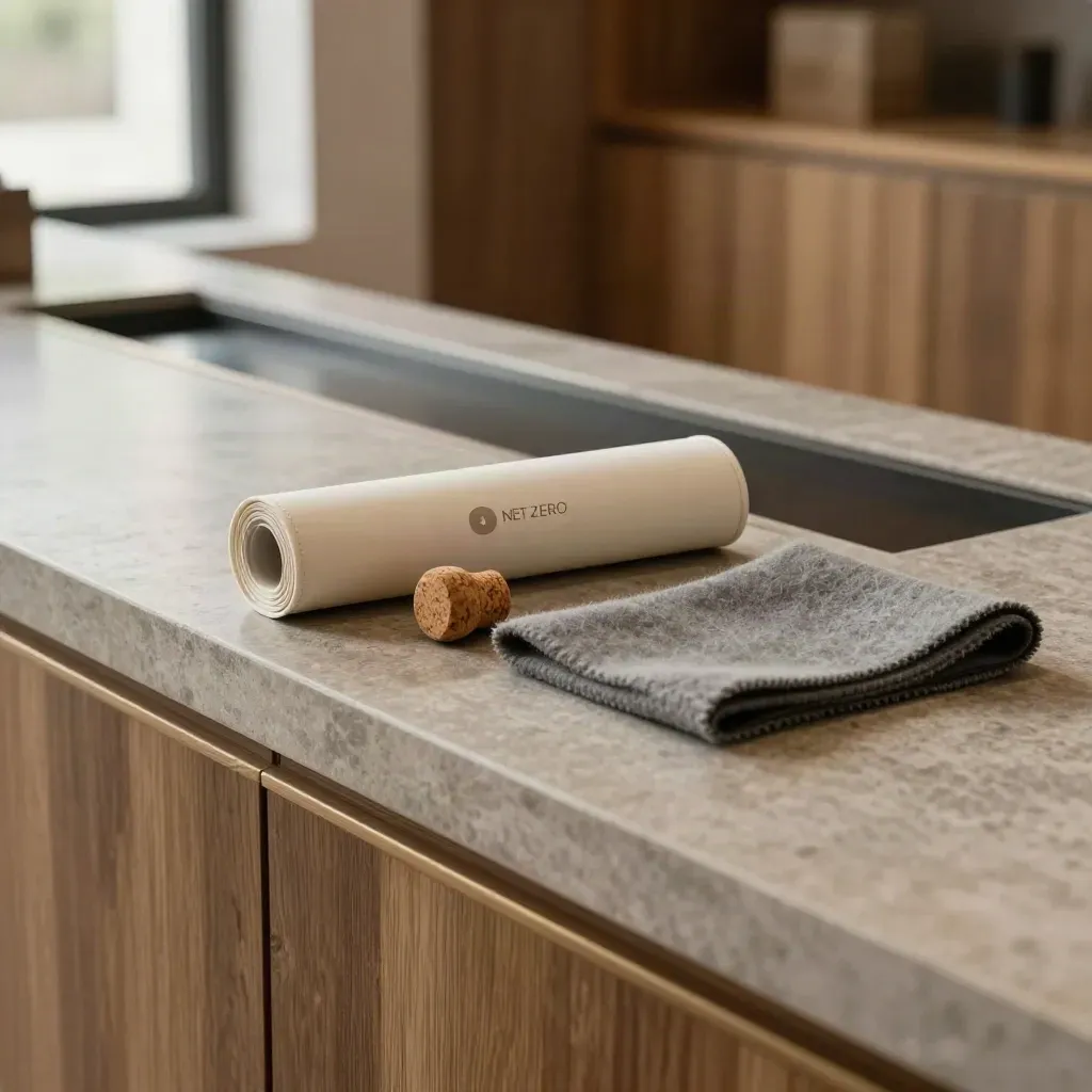 Bundle, cork sample and wool swatch on a stone counter in a timber lobby, lit by soft daylight.