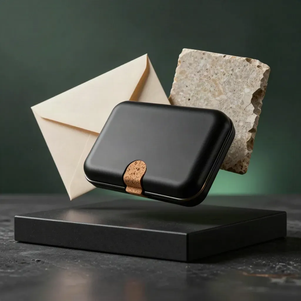 Offset sourcing pack in a clamshell case with cork token, stone sample and pale sleeve on a dark plinth