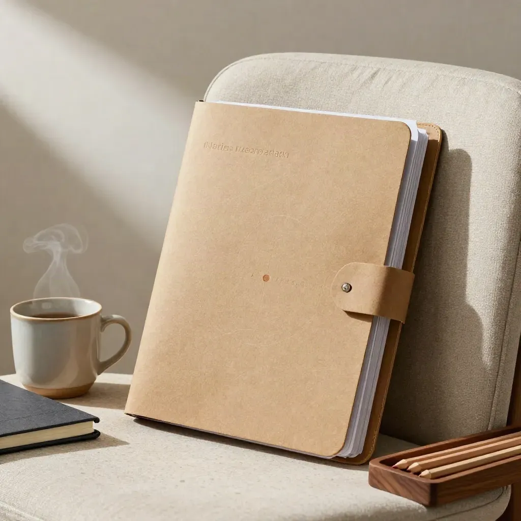 Roadmap folder beside a steaming mug, wool notebook and timber pencil tray in a linen chair corner.