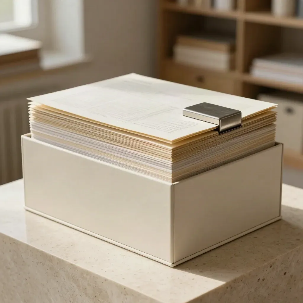 Opened pale ESG starter pack box with dividers and a metal paperweight on travertine