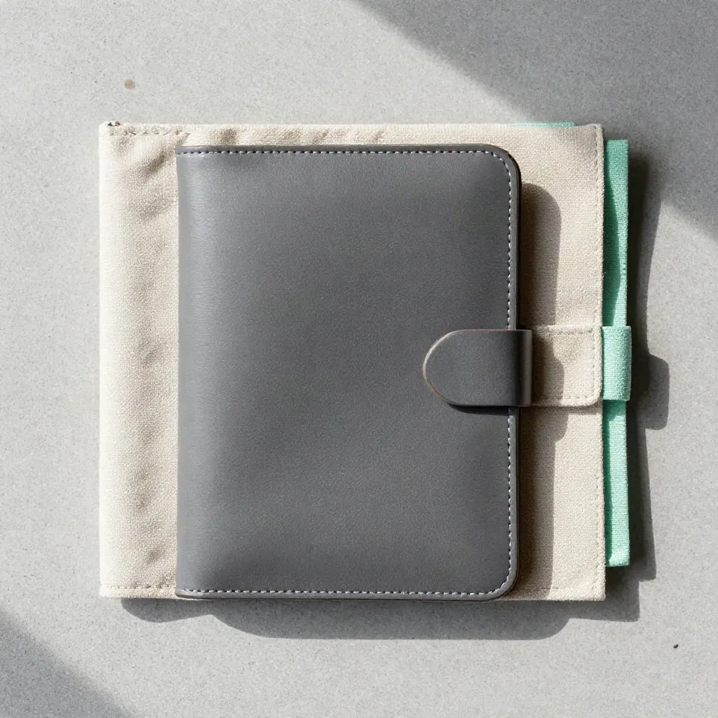 Top-down audit pack with folder, site-pass pouch and canvas sleeve on concrete.