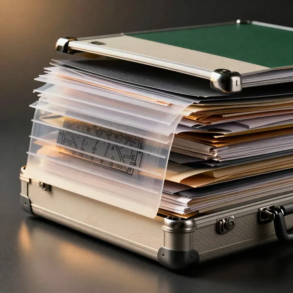 Recycled audit pack bursting open with folders and sleeves in a dramatic dark studio.