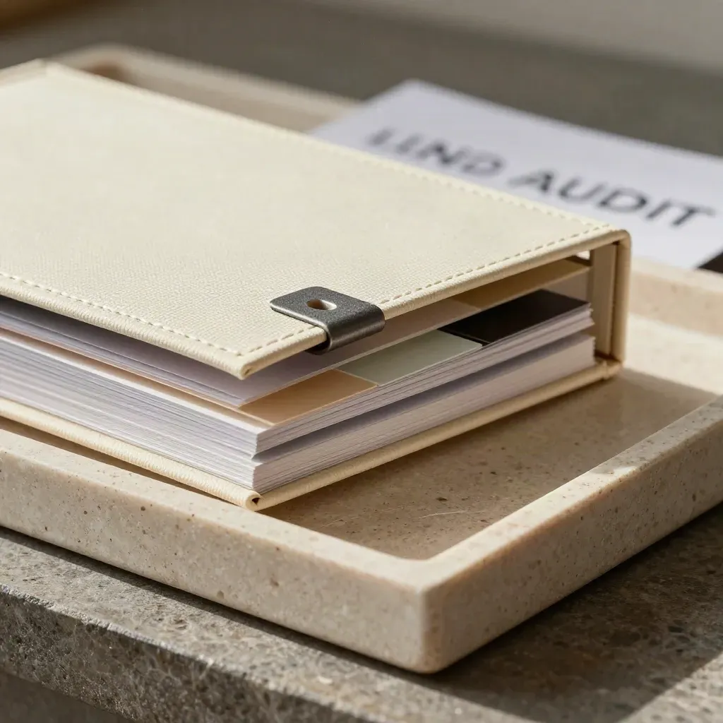 Macro of a carbon audit refresh pack in a pale stone tray with inserts and a graphite clip