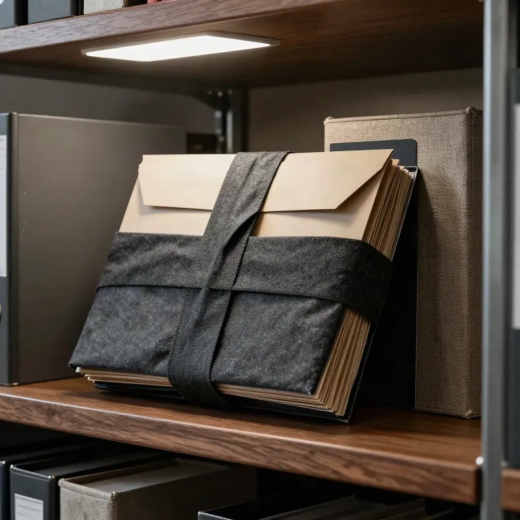 Dark supplier emissions pack with folders, sealed sleeve and linen wrap on a cabinet shelf.