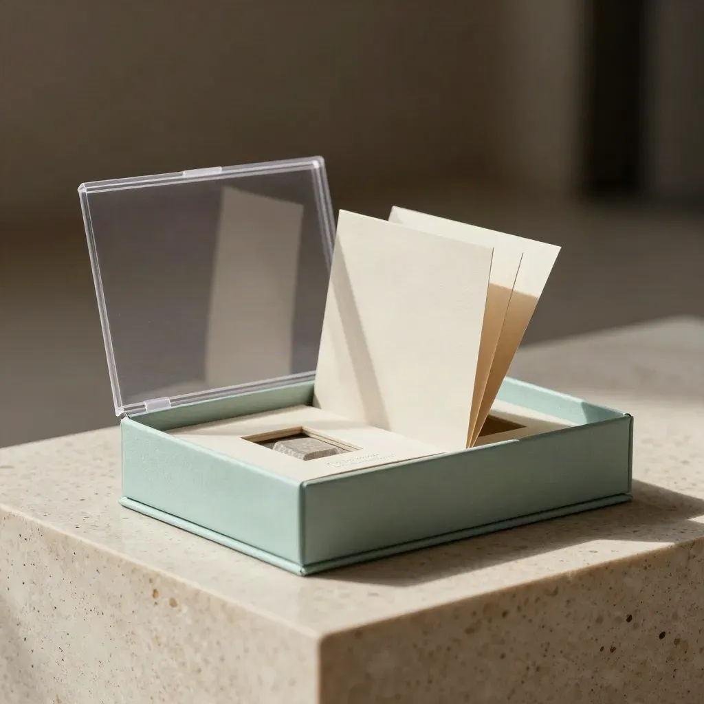 Offset review bundle in an open rigid box with stone chip and acetate sleeve