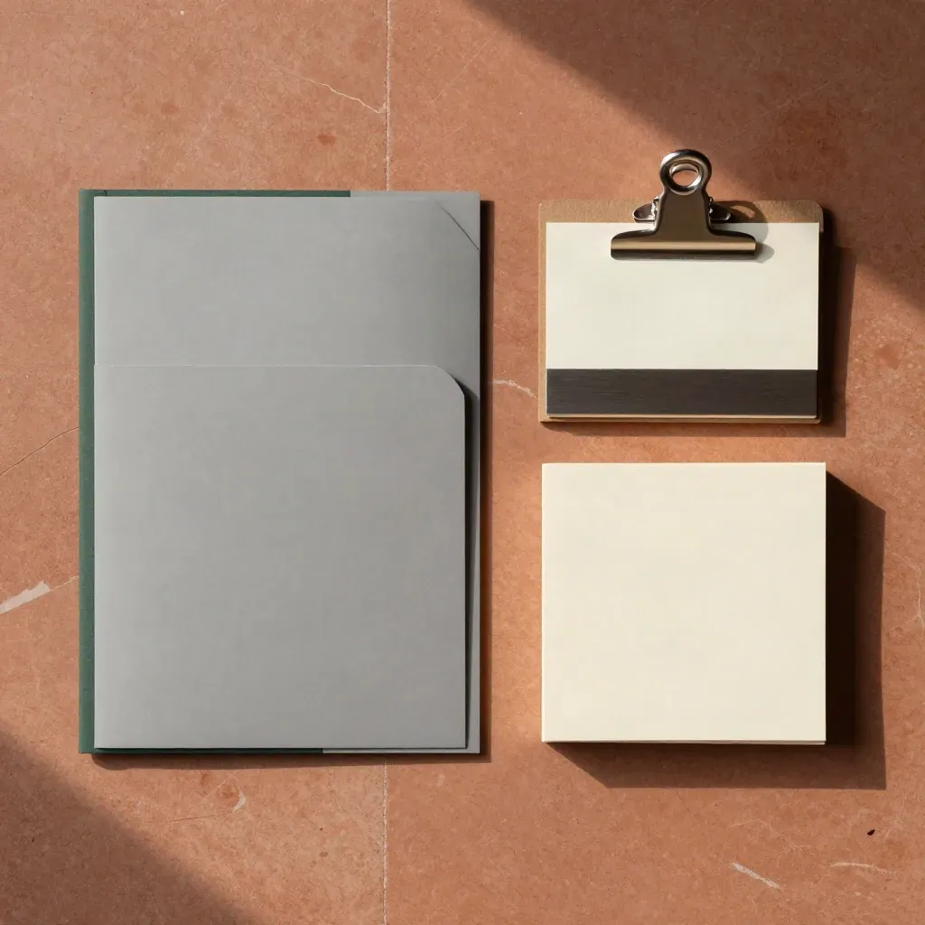 Overhead flatlay of board pack folders, notes and clip rail on stone