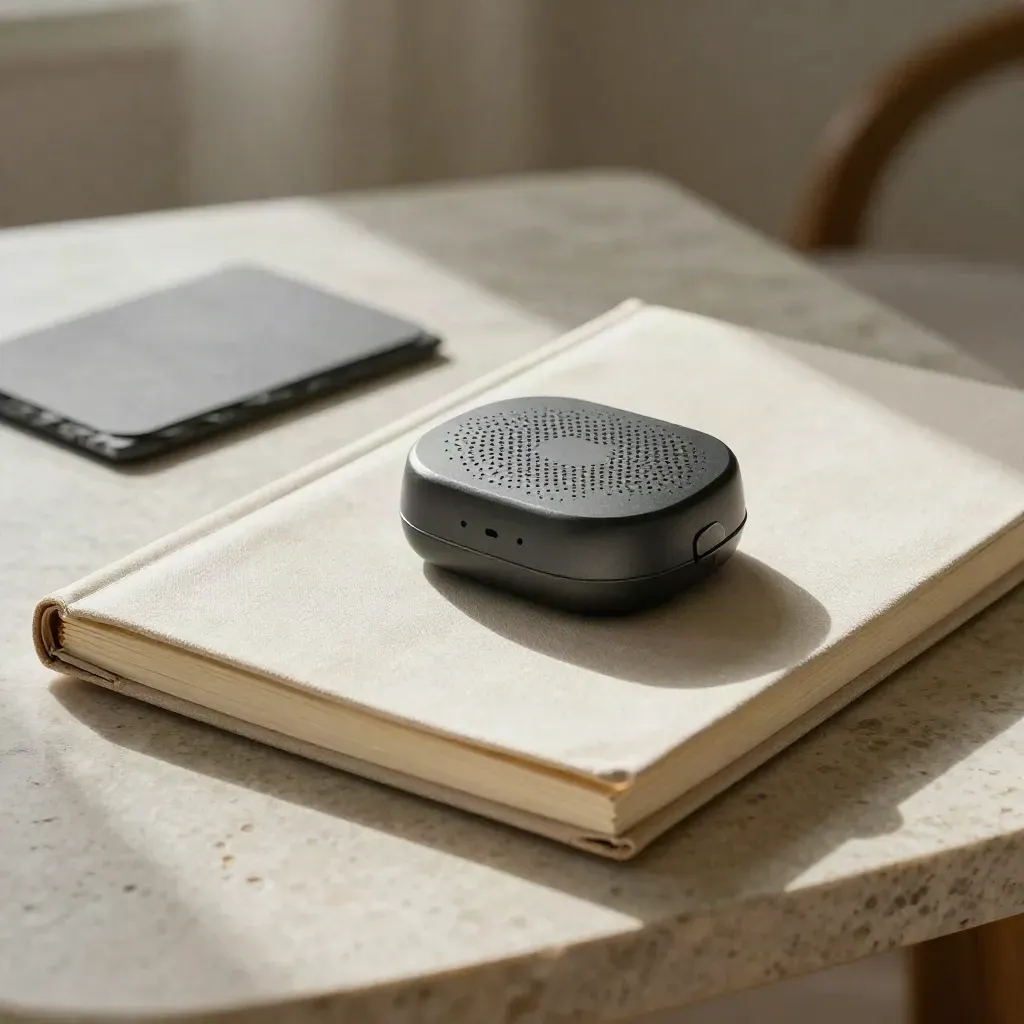 Closed call pack on limestone side table with speaker puck and folded brief sleeve