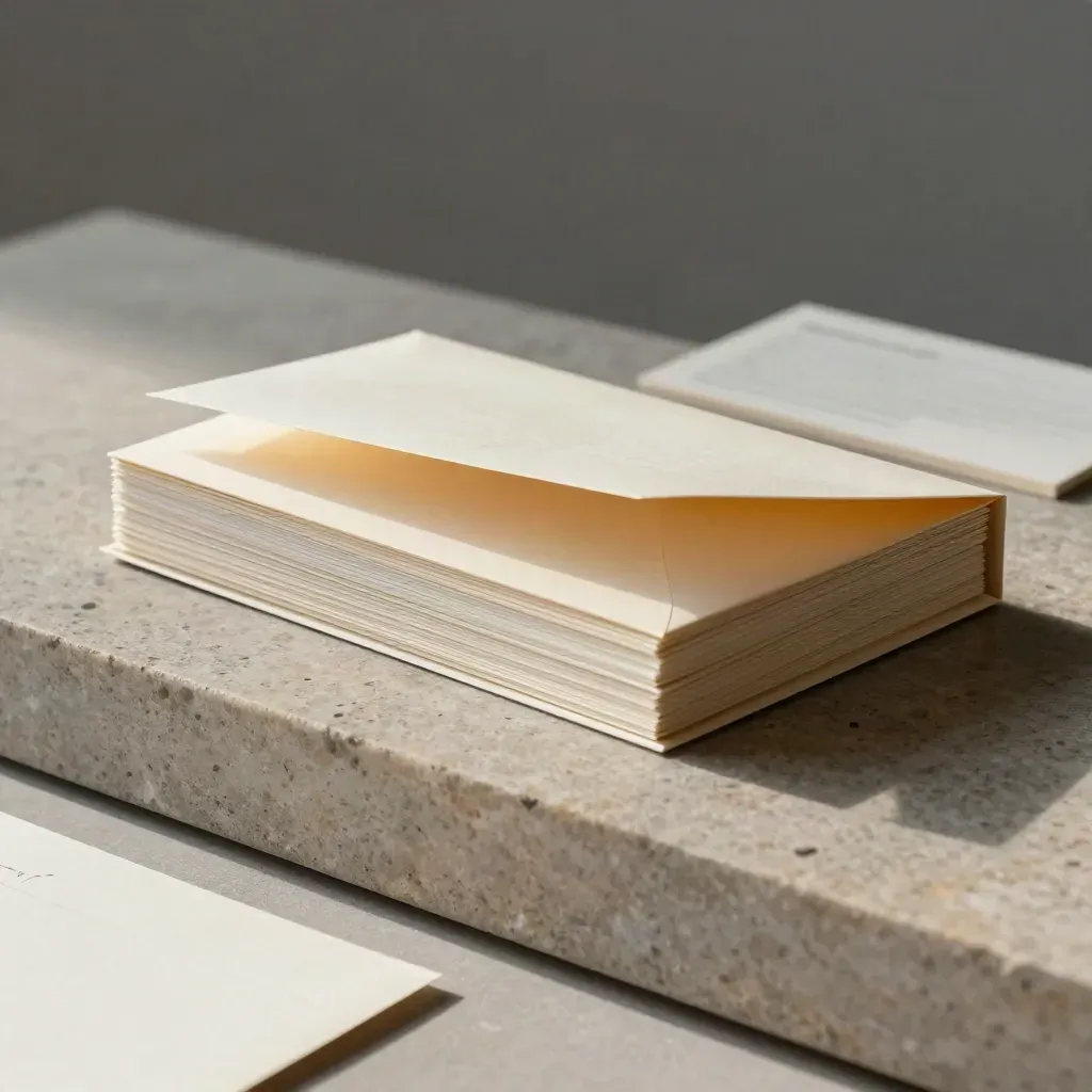 Open archival KPI template set on a limestone plinth, softly lit with tabbed cards and a neutral block.
