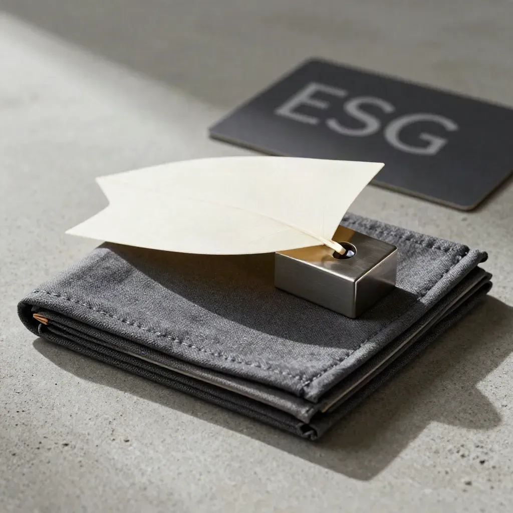 Macro of an ESG policy starter pack with cloth cover, dividers and paperweight on stone.