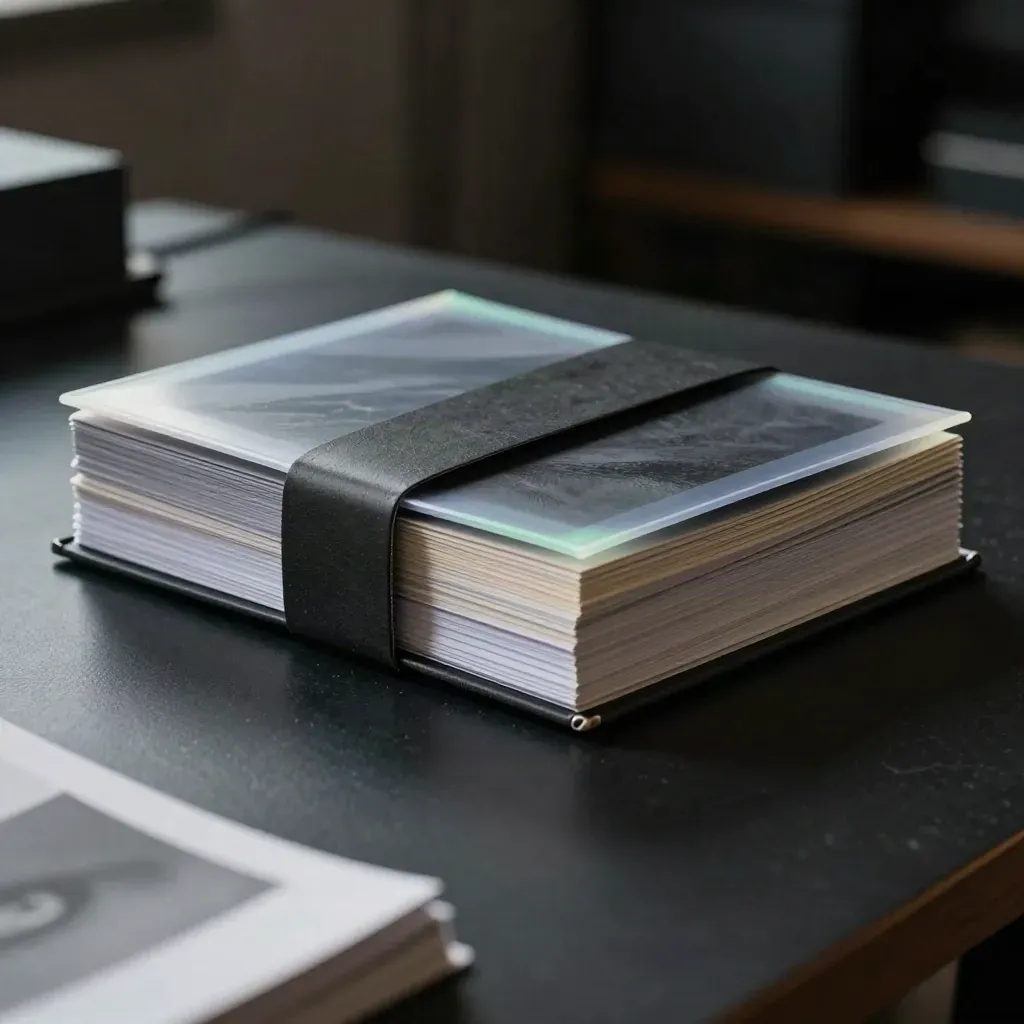 Annual emissions pack binder set with sleeve, tab stack, and dark wrap on a charcoal workbench