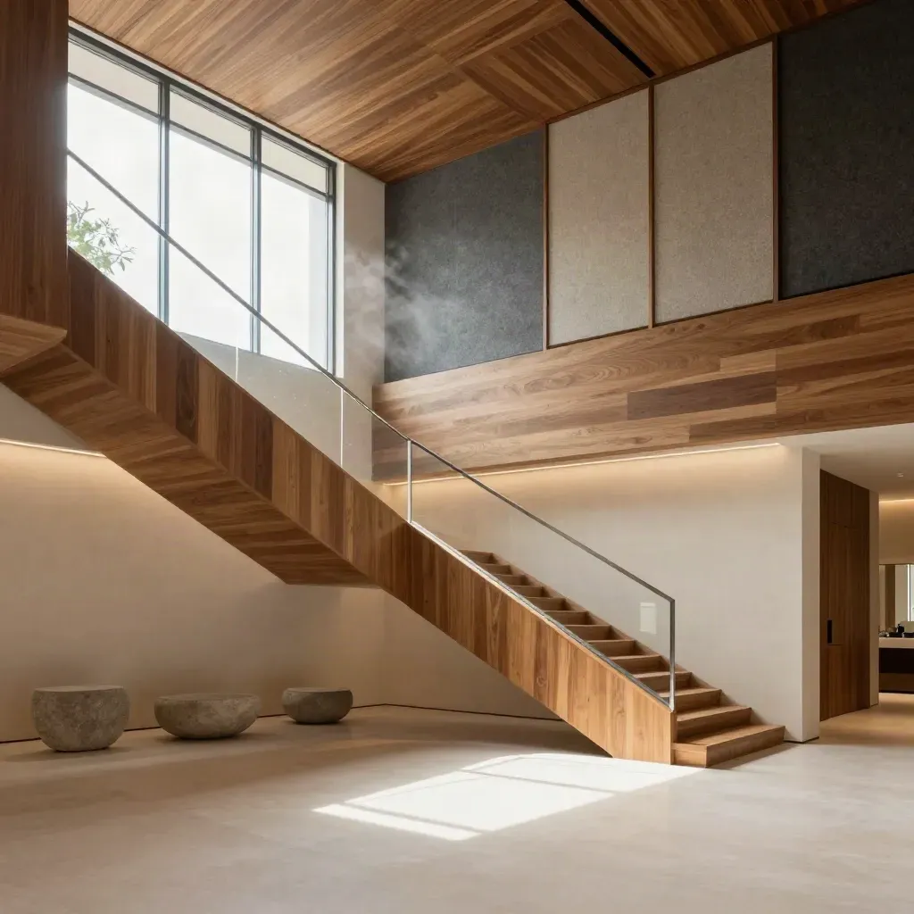 Sunlit sustainability office atrium with oak staircase, limewash walls and calm copy space below.