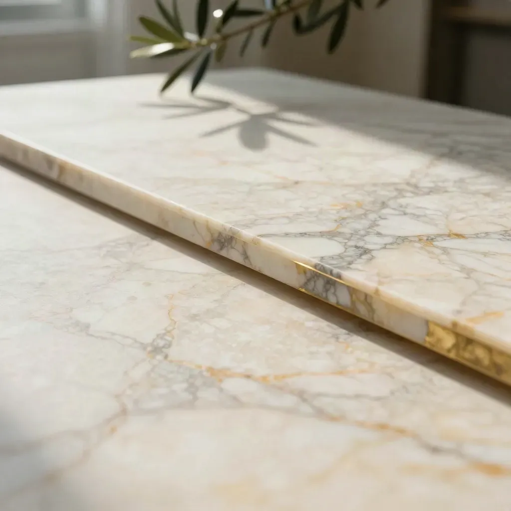 Warm veined marble slab with brass edge and distant olive plant in soft afternoon light