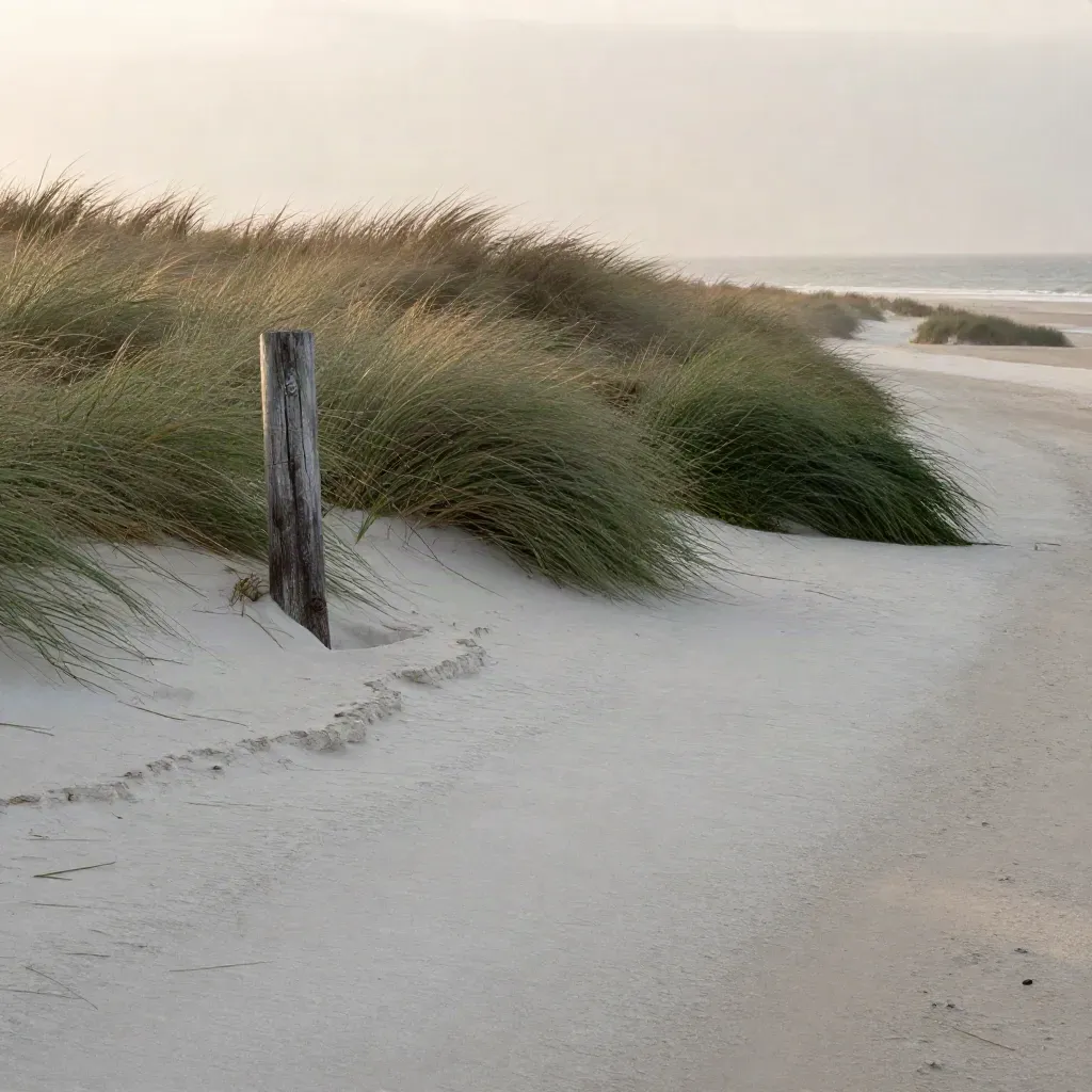 Golden coastal path above reedbed with timber post and sea grasses in warm evening haze.