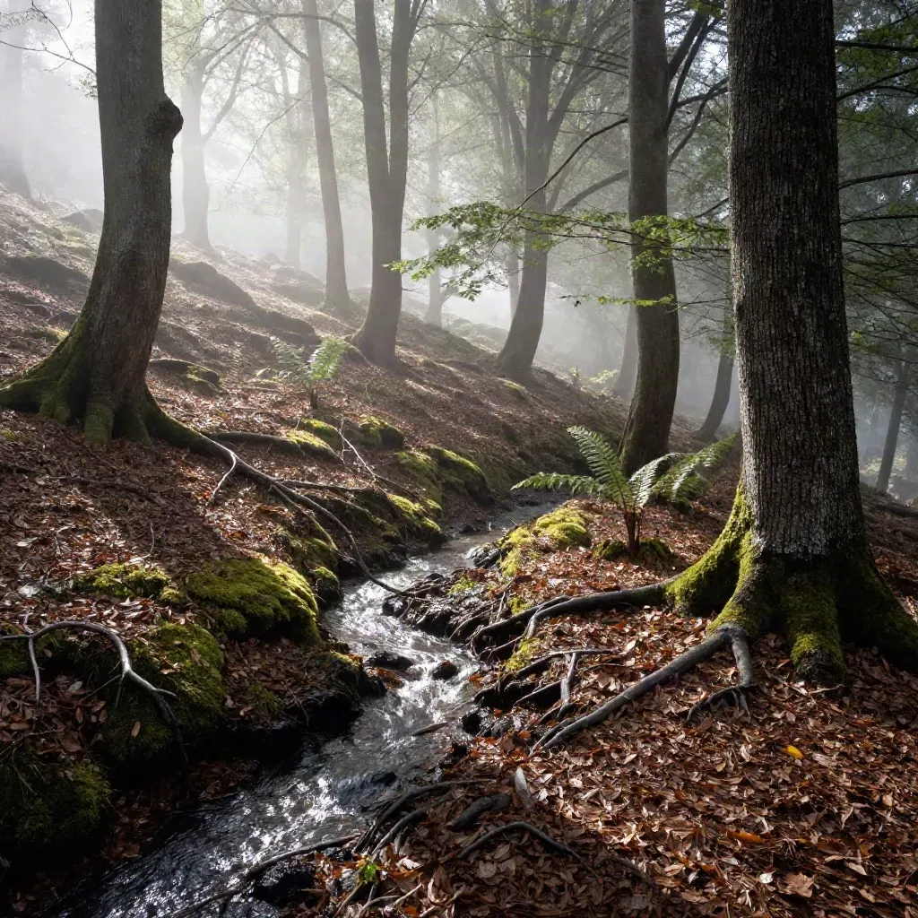 Misty beech woodland floor with silver stream light and calm dark mossy foreground