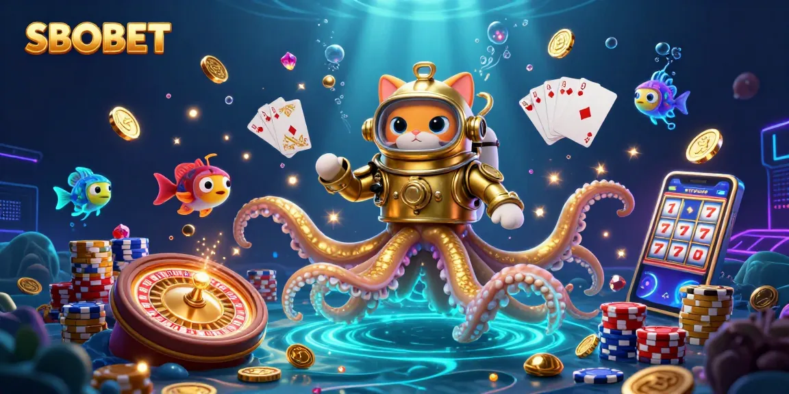 SBOBET gaming excitement with a dynamic scene of a kraken and a diving cat amidst casino elements and treasures