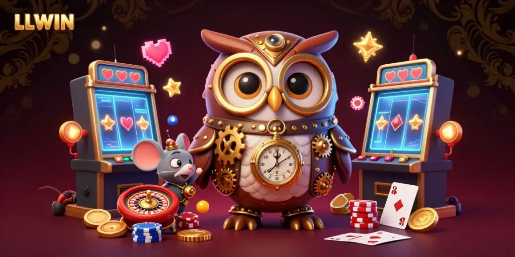 Experience gaming at LLWIN with colorful slot machines and a steampunk owl amidst futuristic casino elements.