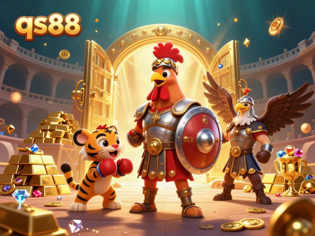 Win big with qs88 in a dynamic casino scene featuring a gladiator rooster, gold treasures, and interactive elements.