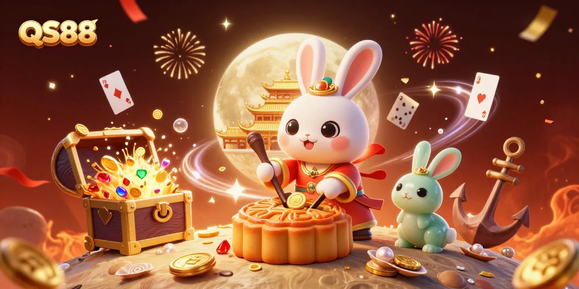 Engage with QS88's thrilling gaming experience featuring a moon rabbit, poker chips, and underwater treasures.
