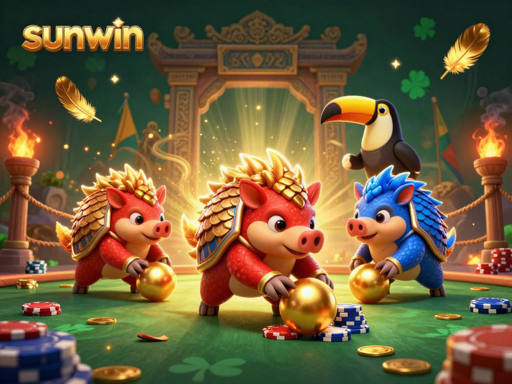 Join the thrilling action at Sunwin as cartoon pangolins compete in a vibrant casino showdown surrounded by gold and excitement.