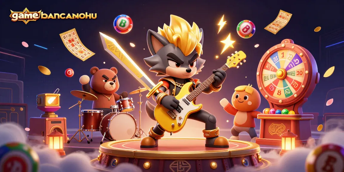 Engage with gamebancanohu's vibrant casino scene featuring dynamic lottery elements and a rock star wolf.