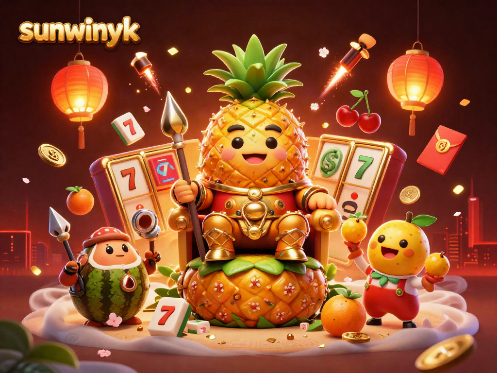 Engaging scene with sunwinyk's golden pineapple king surrounded by vibrant casino elements, creating thrilling gaming energy.