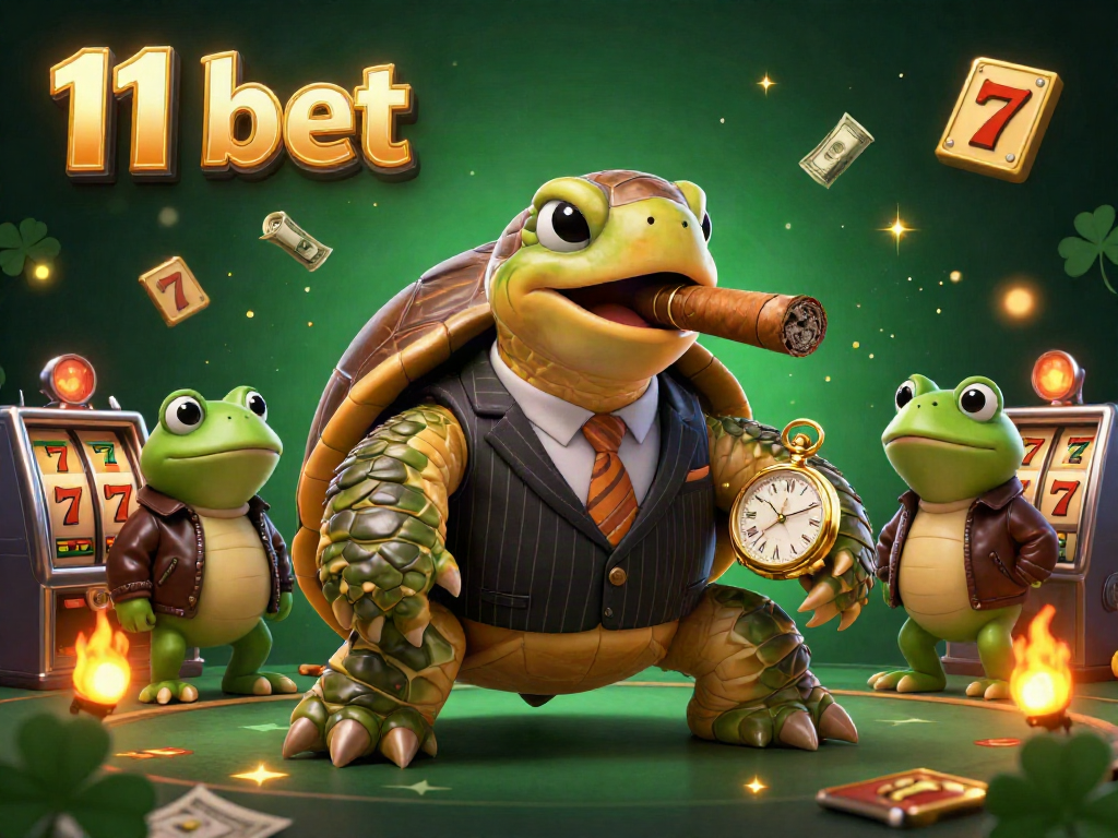 Engage in high-stakes gaming with 11 bet featuring a snapping turtle mobster and lucky symbols.
