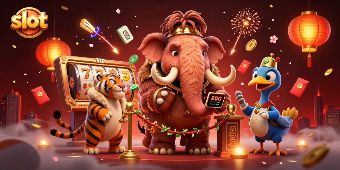 Engaging slot illustration featuring a woolly mammoth bouncer, saber-tooth VIP, and dodo bird doorman in a vibrant casino atmosphere.