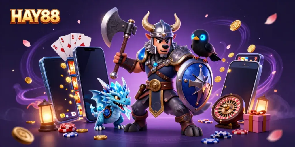 Experience exciting gaming adventures with HAY88, featuring a Viking warrior and vibrant slot games.