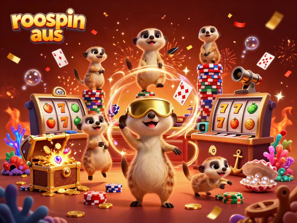 Experience the vibrant energy of roospin aus with cartoon meerkats and casino elements in an exciting 3D scene.